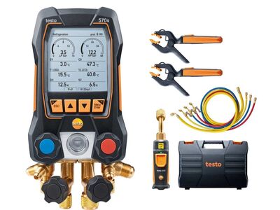 TESTO 570s Smart vacuüm set met vulslangen - Slimme digitale manifold met draadloze vacuüm- en tang-temperatuurvoelers en set van 4 vulslangen